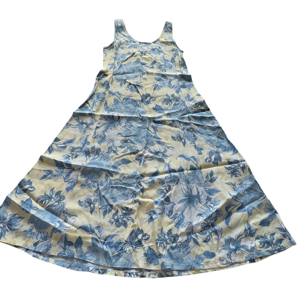 Vintage Floral Maxi Dress Blue Yellow‎ Rayon Sleeveless Scoop Neck Size 9